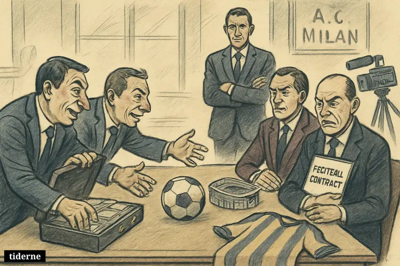 Football club delegates and an agent face off across a boardroom table during a tense transfer negotiation in Milan. (AI-genereret illustration)