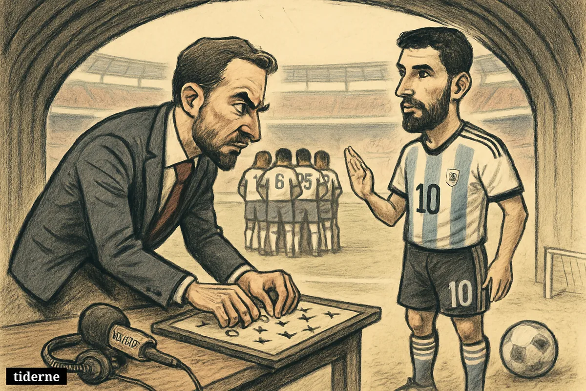 A caricature football tunnel scene shows England clustering around tactics while Argentina’s captain stands calm before a semifinal match. (AI-genereret illustration)