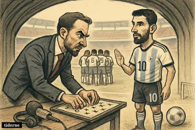 A caricature football tunnel scene shows England clustering around tactics while Argentina’s captain stands calm before a semifinal match. (AI-genereret illustration)