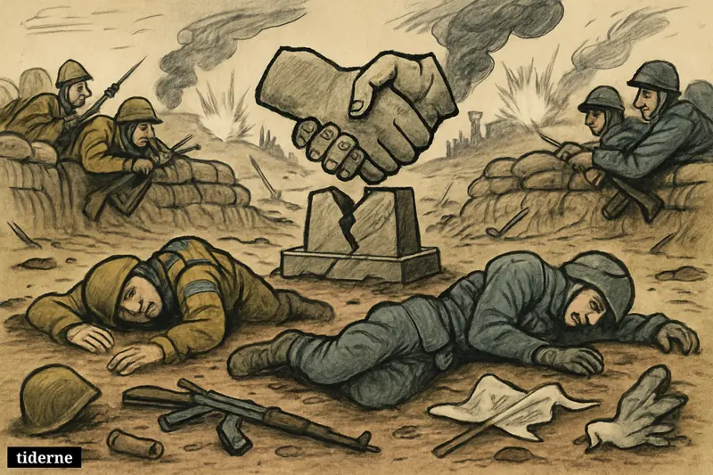 Broken ceasefire scene with dead opposing soldiers, split handshake monument, trenches, shell bursts, and failed peace symbols on a devastated front line.