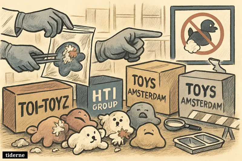 Damaged squishy fidget toys are being removed in an inspection room, with company boxes, sealed bags, and safety-testing props suggesting a product recall.