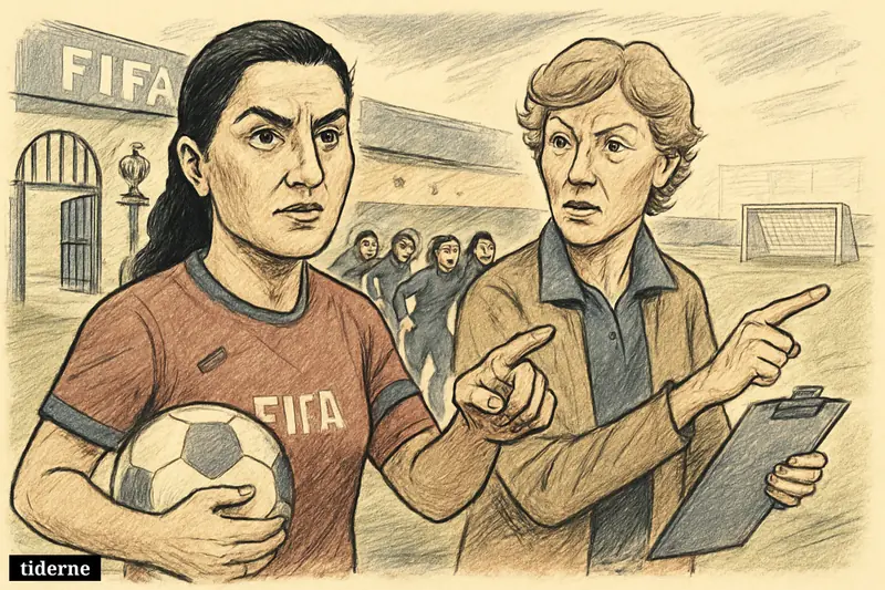 Khalida Popal and Pauline Hamill stand on a football pitch as Afghan women players run forward through an open gate.