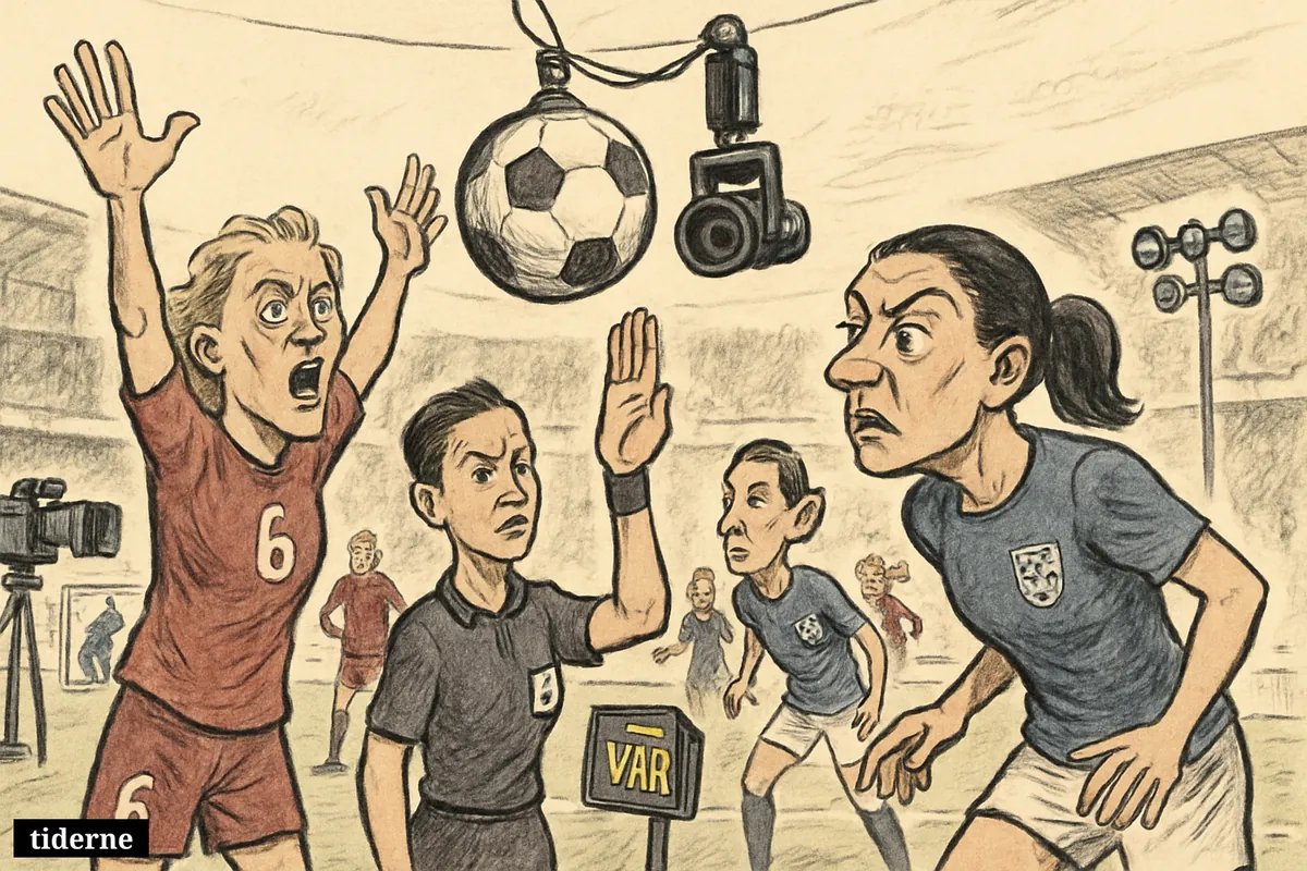 A football controversy scene with a match ball near a camera cable as England and Norway players and a referee react during a VAR dispute. (AI-genereret illustration)