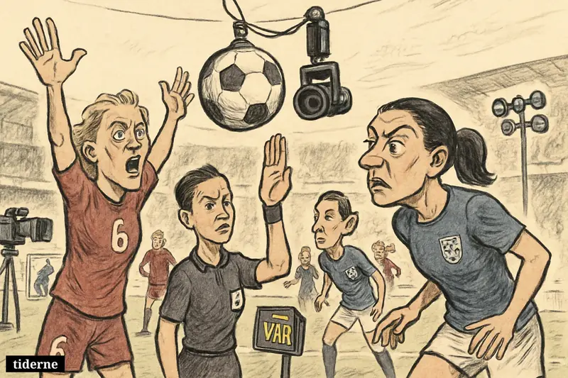 A football controversy scene with a match ball near a camera cable as England and Norway players and a referee react during a VAR dispute. (AI-genereret illustration)