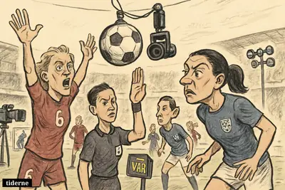 A football controversy scene with a match ball near a camera cable as England and Norway players and a referee react during a VAR dispute. (AI-genereret illustration)