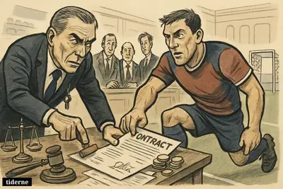 A football official stamps a player contract as a tense player prepares to move through an open gate, surrounded by legal and transfer symbols.