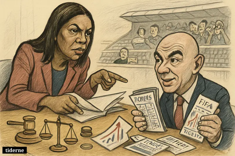 Letitia James confronts Gianni Infantino over World Cup tickets across a desk covered with files, pricing symbols, and confused stadium fans behind them.