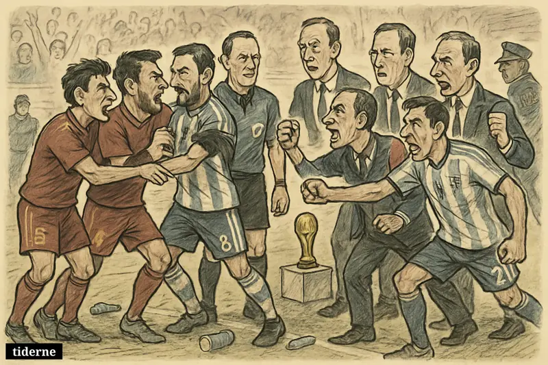 Players from Spain and Argentina clash after a final as referees and officials intervene near the trophy on the pitch. (AI-genereret illustration)