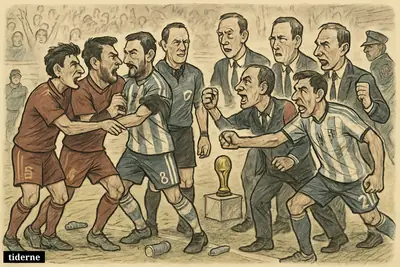 Players from Spain and Argentina clash after a final as referees and officials intervene near the trophy on the pitch. (AI-genereret illustration)
