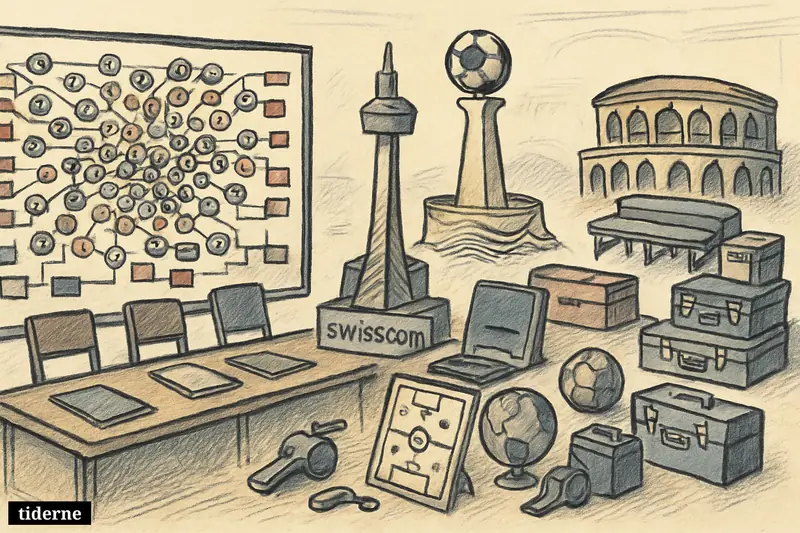 An overcrowded World Cup planning room shows a huge bracket, host-country stadium models, and Swisscom telecom props symbolizing FIFA’s 64-team expansion idea. (AI-genereret illustration)