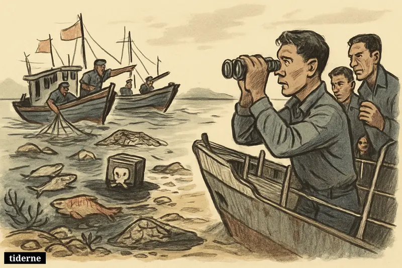 A caricature scene of a disputed reef with Philippine sailors, Chinese fishing boats, dead fish, torn nets, and a toxic leak near coral.