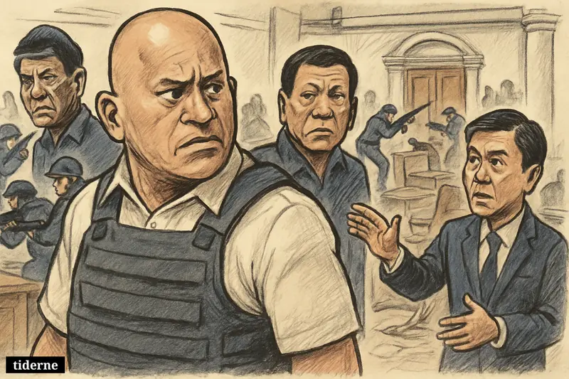 Ronald dela Rosa stands amid a senate lockdown as armed guards move in, with Duterte and Marcos Jr. tense behind him.
