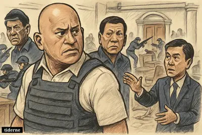 Ronald dela Rosa stands amid a senate lockdown as armed guards move in, with Duterte and Marcos Jr. tense behind him.