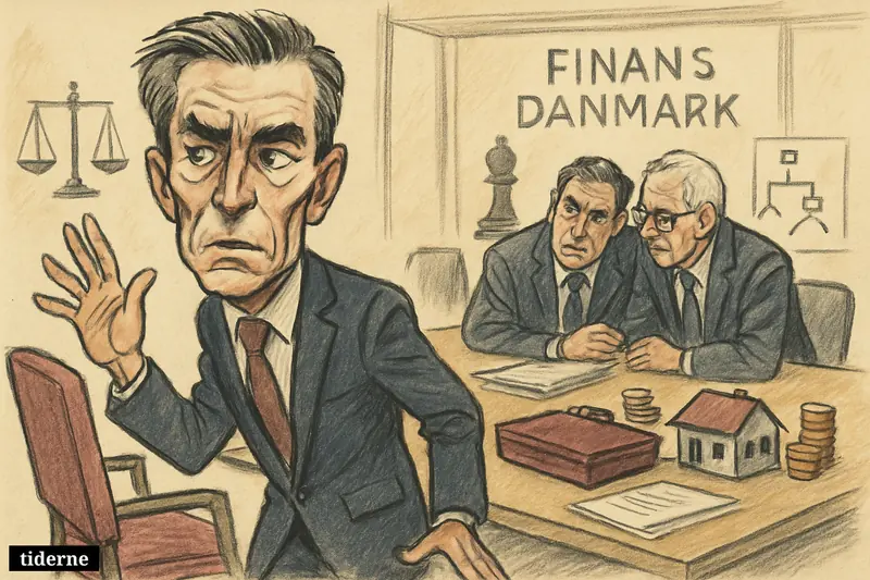 Michael Rasmussen caricature steps away from a boardroom chair as anxious finance executives and banking props suggest a leadership crisis.