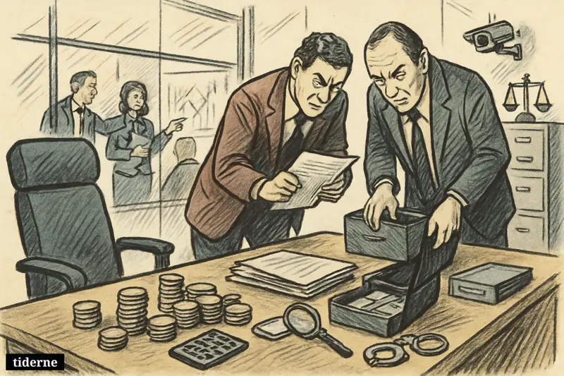 Investigators search a finance executive’s office with cash, documents, handcuffs, and anxious compliance staff in the background.