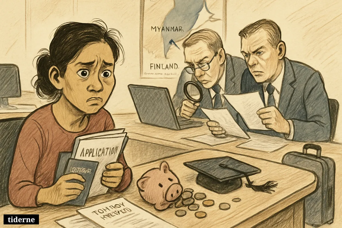 A worried Burmese student faces Finnish investigators in a study agency office filled with scattered papers, travel documents, and signs of fraud.