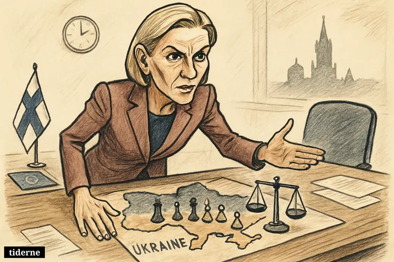 Caricature of Elina Valtonen standing assertively at a peace negotiation table with a Ukraine map, chess pieces, scales, and a distant Kremlin.