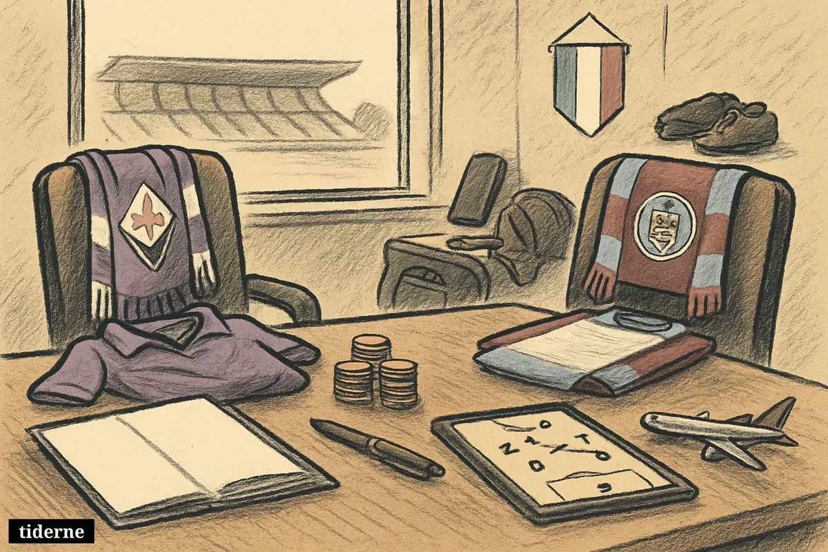 A caricature football transfer negotiation scene with club scarves, euro coins, tactical board, boots, and Italy symbols in a stadium-view office.
