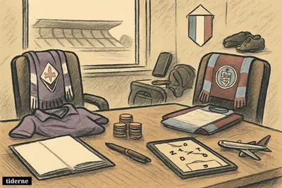 A caricature football transfer negotiation scene with club scarves, euro coins, tactical board, boots, and Italy symbols in a stadium-view office.