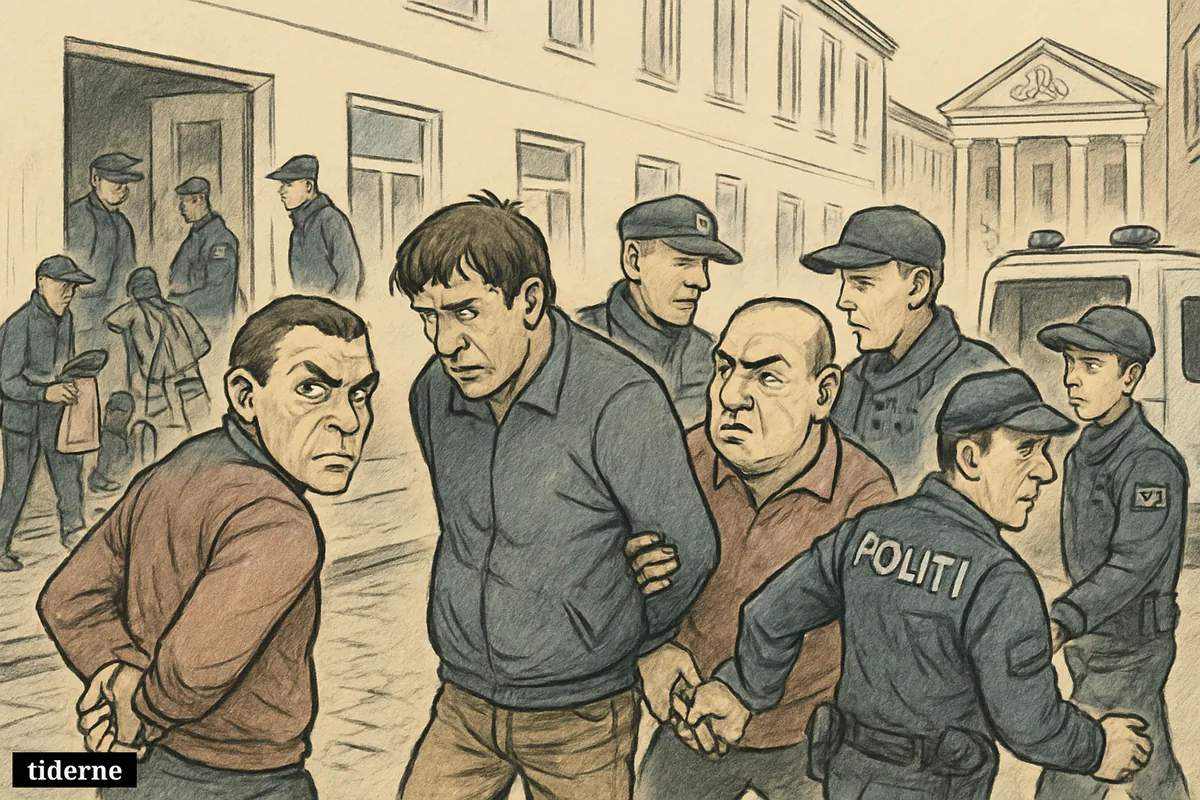 Four detained men are surrounded by police on a Danish street while officers search nearby buildings and legal symbols appear in the distance.