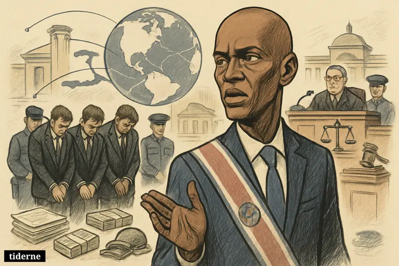 Caricature of Jovenel Moïse before four convicted men in a U.S. courtroom, with justice symbols and international conspiracy clues behind them.