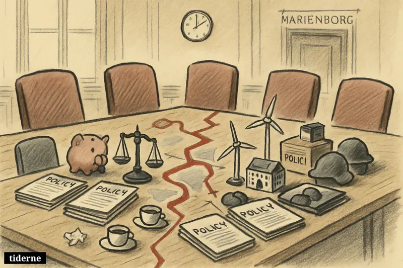 A negotiation room with four empty chairs and a table divided by policy props symbolizing deadlocked coalition talks.