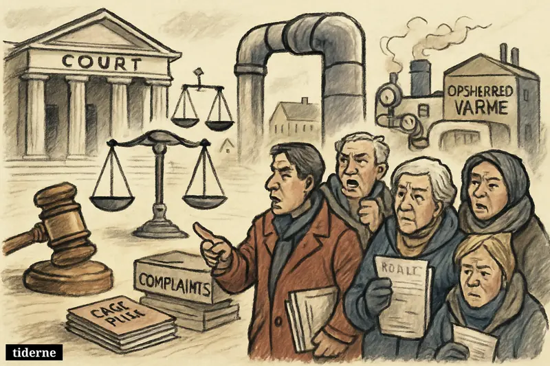 A group of concerned heating customers confront a courthouse and district-heating infrastructure in a legal dispute over utility bills.
