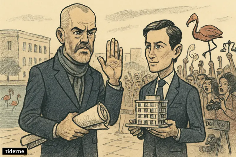 Caricatures of Edi Rama and Jared Kushner face angry Tirana protesters as flamingos and lagoon water symbolize the Narta resort dispute.