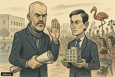Caricatures of Edi Rama and Jared Kushner face angry Tirana protesters as flamingos and lagoon water symbolize the Narta resort dispute.