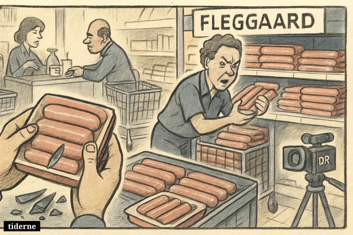 Packaged sausages in a border supermarket are being inspected and removed after metal fragments are found, with a return cart and refund counter nearby. (AI-genereret illustration)