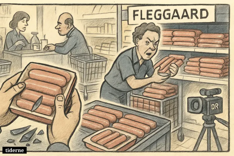 Packaged sausages in a border supermarket are being inspected and removed after metal fragments are found, with a return cart and refund counter nearby. (AI-genereret illustration)