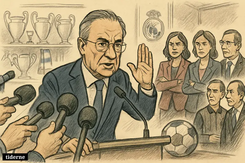 Florentino Pérez stands defensively at a press conference podium as reporters crowd him and observers react with visible disapproval.