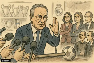Florentino Pérez stands defensively at a press conference podium as reporters crowd him and observers react with visible disapproval.