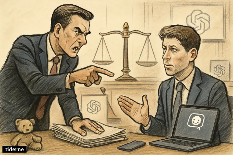 Caricature of James Uthmeier accusing Sam Altman in a courtroom, with legal papers, a laptop chatbot screen, justice scales, and child safety symbols.
