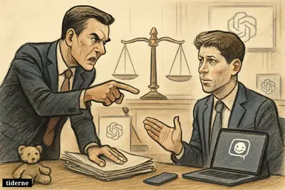 Caricature of James Uthmeier accusing Sam Altman in a courtroom, with legal papers, a laptop chatbot screen, justice scales, and child safety symbols.