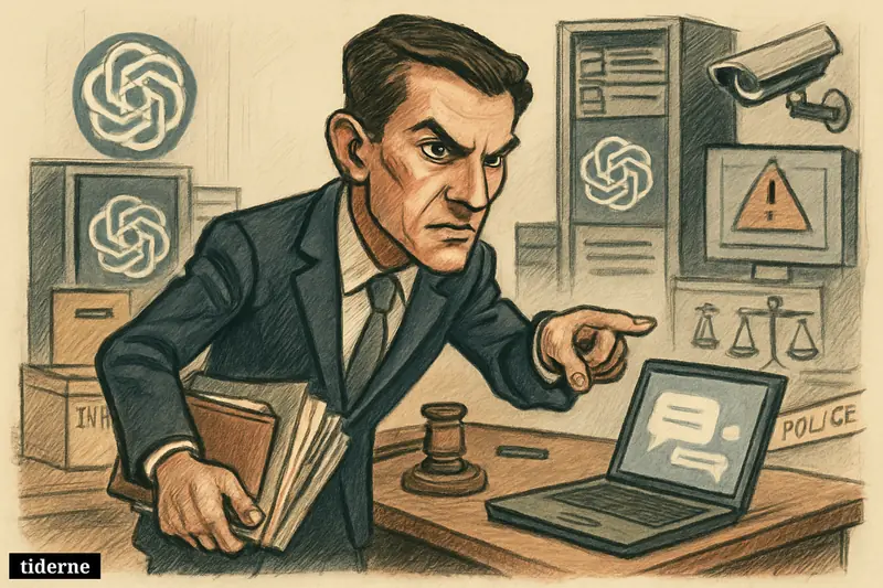 James Uthmeier leans over a desk with files and a laptop as OpenAI symbols, legal props, and investigation equipment surround him.