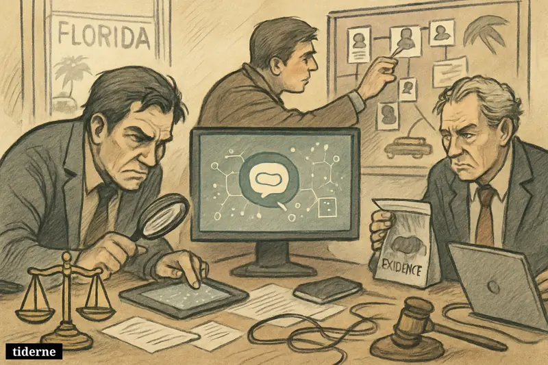 Investigators in a Florida evidence room examine AI-related digital traces, devices, and legal symbols during a tense shooting investigation.