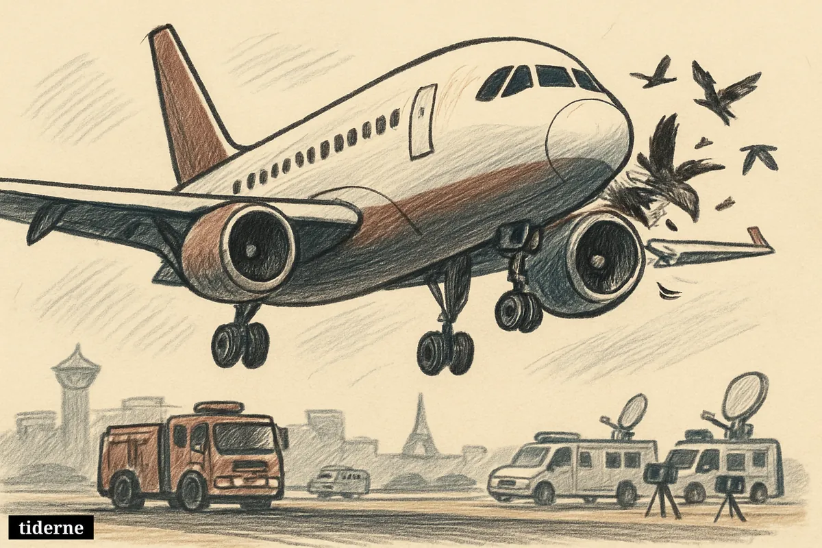 A passenger jet makes an emergency landing after a bird strike, with birds near one engine and emergency vehicles waiting by the runway.