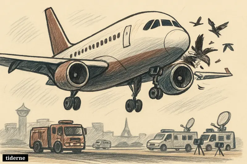 A passenger jet makes an emergency landing after a bird strike, with birds near one engine and emergency vehicles waiting by the runway.