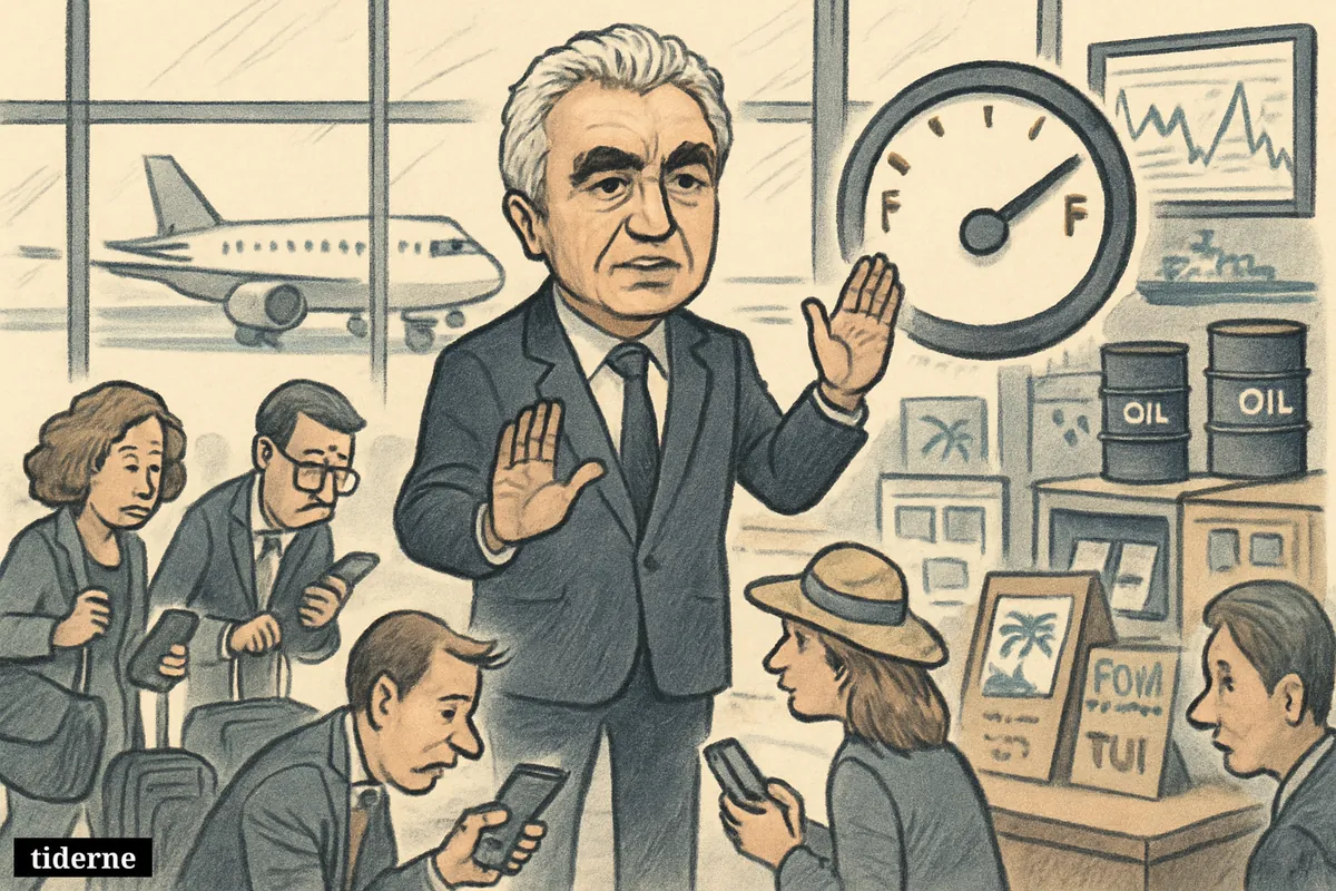 Fatih Birol calms worried holiday travelers in an airport while fuel symbols, a jet, and supply-route imagery suggest uncertainty over summer flights.