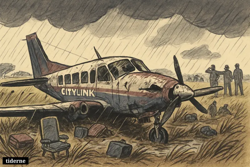 A crashed small passenger plane lies in muddy ground near Juba as stormy weather and distant responders emphasize a deadly aviation disaster.