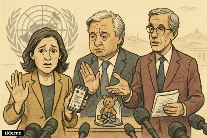 Vanessa Frazier at a UN press scene, defended by António Guterres and Stéphane Dujarric, with a phone and contested toy-bomb display.