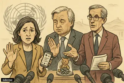 Vanessa Frazier at a UN press scene, defended by António Guterres and Stéphane Dujarric, with a phone and contested toy-bomb display.