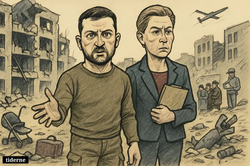 Caricature of Zelenskyj and Mette Frederiksen standing in a ruined Ukrainian street with rubble, civilians, and remnants of missile and drone attacks. (AI-genereret illustration)