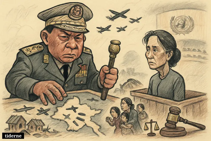 Caricatures of Min Aung Hlaing and Aung San Suu Kyi amid fleeing civilians, aircraft overhead, and justice symbols in a Myanmar conflict scene.