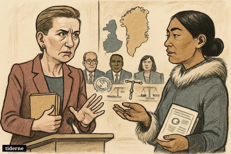 Caricature of Mette Frederiksen facing a resolute Greenlandic woman under UN scrutiny over consent, health rights, and colonial legacy.