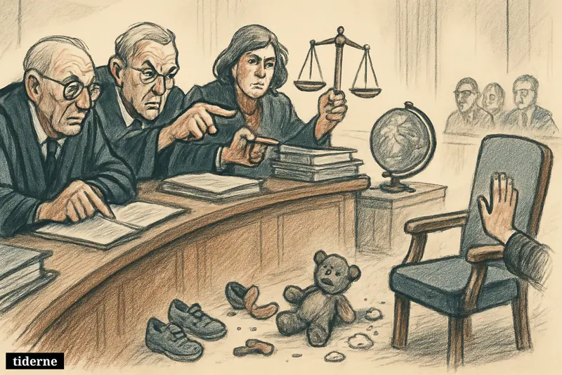 A caricature hearing chamber shows investigators accusing an absent opposing side, with children’s shoes and broken toys on the floor.