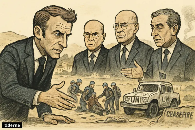 Caricatures of Macron, Joseph Aoun, and Nawaf Salam facing a deadly attack scene involving UN peacekeepers in South Lebanon.