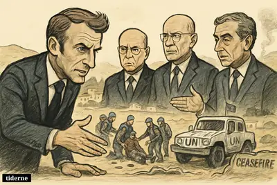 Caricatures of Macron, Joseph Aoun, and Nawaf Salam facing a deadly attack scene involving UN peacekeepers in South Lebanon.