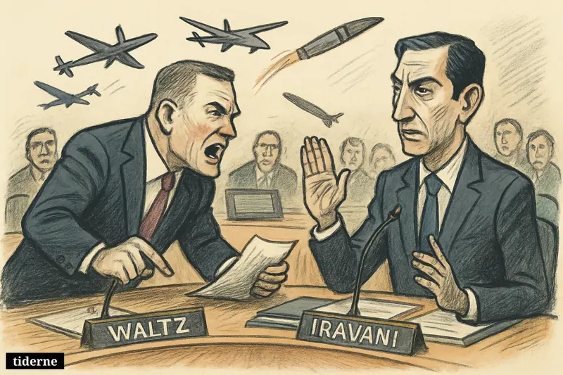 Mike Waltz confronts Amir Saeid Iravani across the UN Security Council table as symbolic drones and missiles loom over tense delegates.